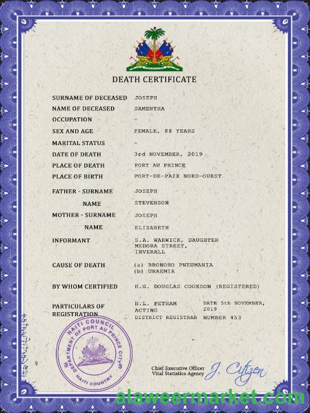 Haiti death certificate PSD template